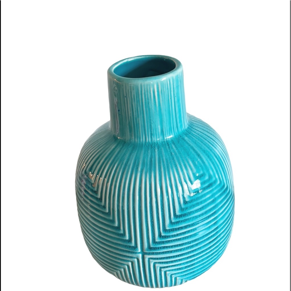 Vibrant Turquoise Blue Ceramic Vase - Textured Geometric Chevron Bud Bottle 6.5"